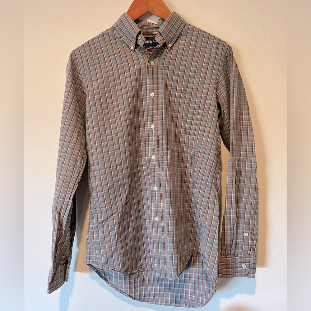 Ralph Lauren button down men’s size small custom fit. Blue and Brown
